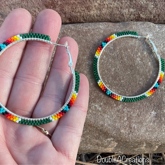 Forest Green with Native Colors 2inch Beaded Hoops, New, Handmade by Me - Picture 5 of 8